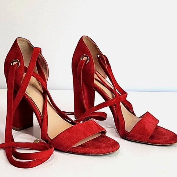 Diane Von Furstenberg Shoes - Diane Von Furstenberg Calabar Wrap Strap Suede Heel Sandals In Red 9